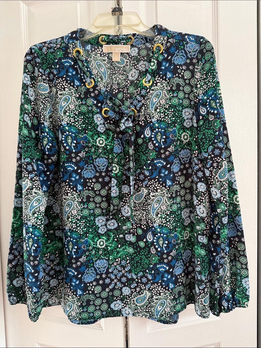 MICHAEL Michael Kors Blue & Green Paisley Tie-Neck Blouse